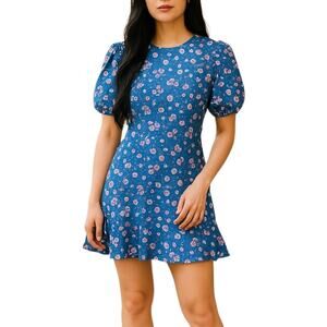 Puff Sleeve Mini Dress XS Blue Cotton Soft Girl Cottagecore Coquette‎ Date Night